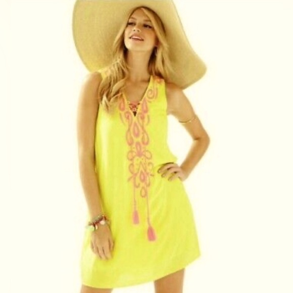LILLY PULITZER Bethany Sweet Tarty Yellow Pink Embroidered Sleeveless Dress - Picture 1 of 16